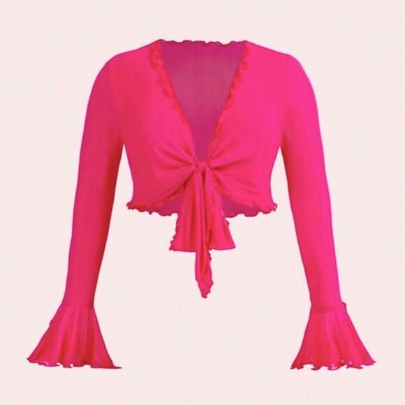 SHEIN ICON Hot Pink Lettuce Trim Knot Front Flare Sleeve Crop Top size XS - Picture 1 of 13